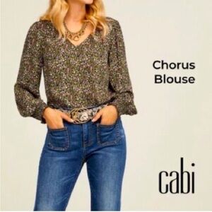 CAbi Chorus Blouse Long Sleeve Womens Size Large Olive Green Floral Print